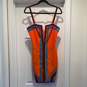 Vibrant Orange Beaded Bandage Dress